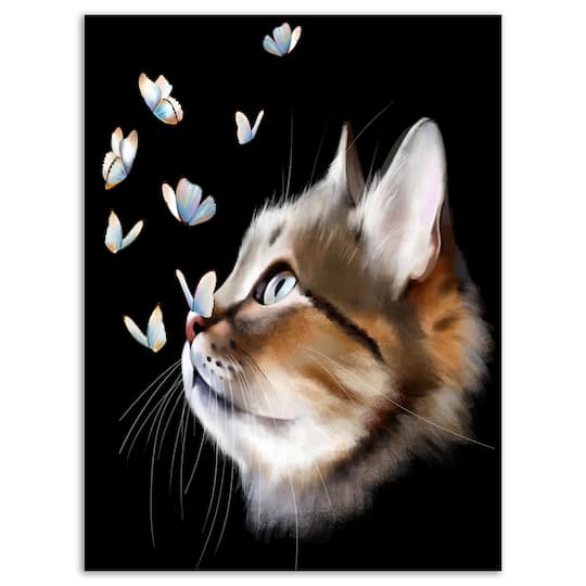 Designart - Cat with Butterflies on Black